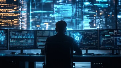 Analyst monitors data streams, city night backdrop
