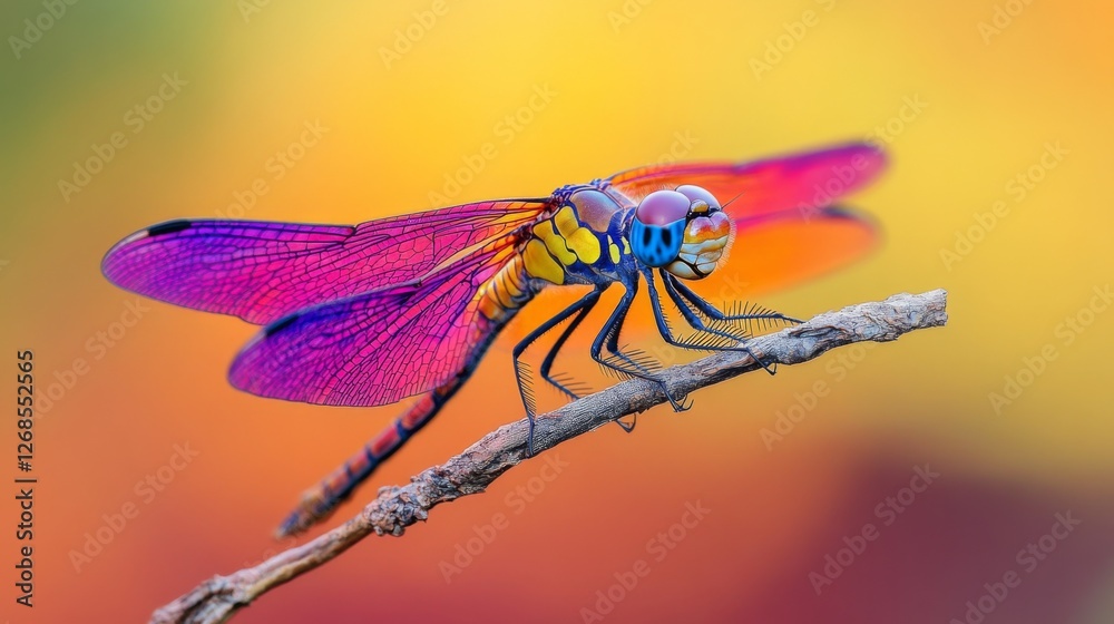 Poster a striking macro shot of a dragonfly perched on a twig, showcasing its iridescent wings and vibrant 