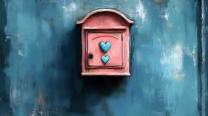 Pink mailbox gently rests on teal wall two tiny hearts adorning its door. AI Generated