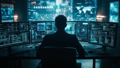 Analyst monitors global data streams in dark control room