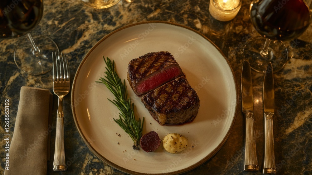 Wall mural A top-down view of a steak dinner setup, with a perfectly cooked sirloin steak resting on a plate, accompanied by simple garnish for an elegant presentation