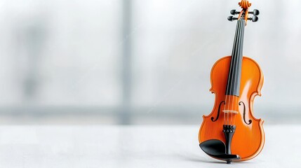 Miniature violin on white surface, blurred background, music education concept