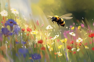 Naklejka premium a bee flying swiftly through flowers