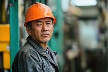 A focused worker wearing an orange safety helmet and blue overalls, showcasing dedication and expertise in a vibrant industrial setting with machinery.