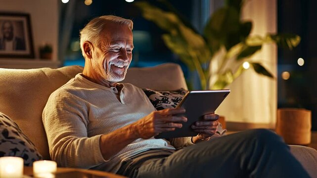 Senior man using tablet on cozy couch in living room, representing digital inclusion, modern technology for elderly, comfort, online communication and connected lifestyle.