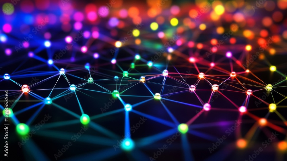 Fototapete A vibrant D stock market graph with interconnected nodes and lines showing a steep upward trend, set against a high-tech, glowing background