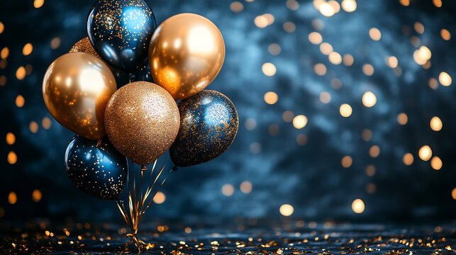 Elegant gold and black balloons gleam softly against a dark blue background. AI Generated