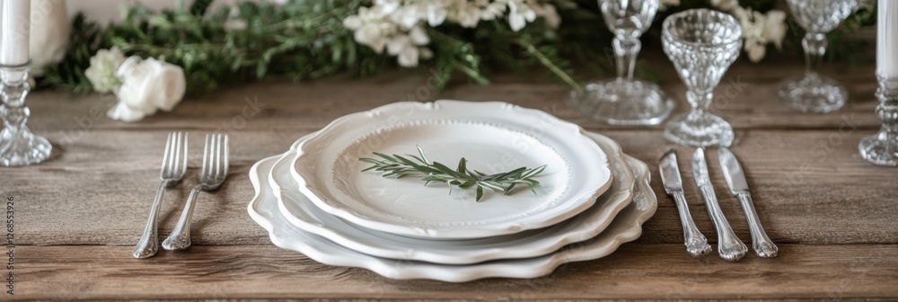 Poster Elegant table setting with layered plates and decorative greenery for a special dining experience. Generative AI