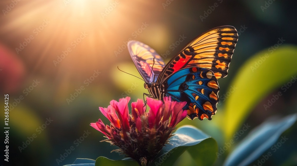 Poster A vibrant macro shot of a colorful butterfly resting on a flower, highlighting its delicate wings and intricate patterns in bright sunlight