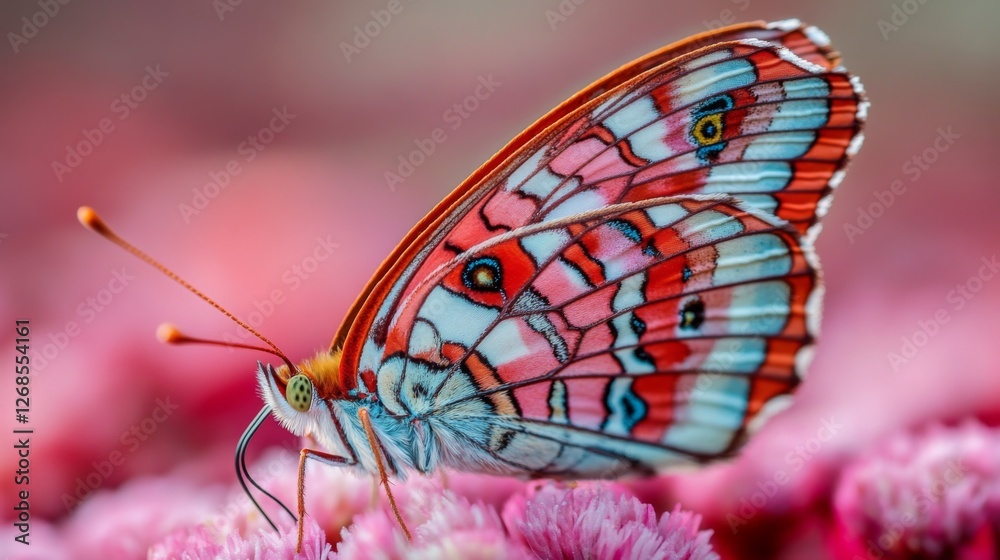 Poster A vibrant macro shot of a colorful butterfly resting on a flower, highlighting its delicate wings and intricate patterns in bright sunlight