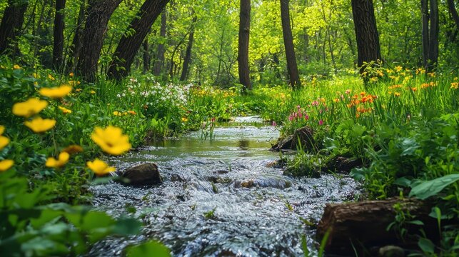 A vibrant spring nature scene with a flowing stream, flowers blooming, and birds singing in the trees