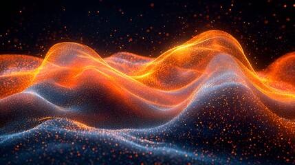 Fototapeta premium Glowing particle waves, dark background, abstract art, tech design