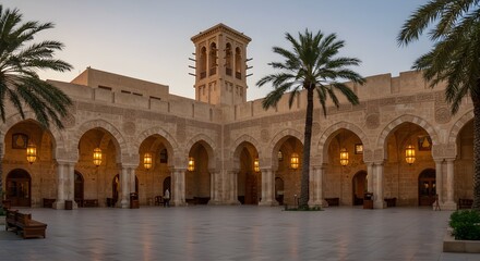 Fototapeta premium A traditional Arabian courtyard with Ramadan lanterns (fanous) hanging from arches, casting warm golden light on the stone walls