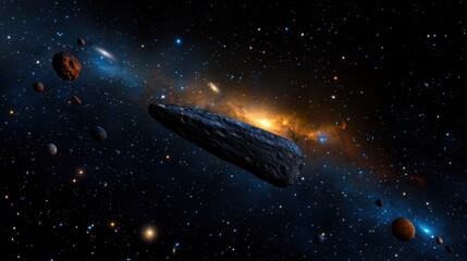 A massive asteroid travels through the cosmos surrounded by smaller celestial bodies and distant galaxies. Stars twinkle in the expansive night sky highlighting the beauty of space