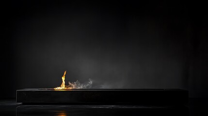 Minimalist black ethanol fireplace burning with soft flames in dark studio