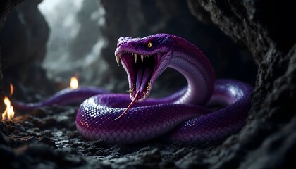 Aggressive Purple Snake Striking in Dark Cave with Open Mouth and Fangs