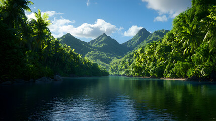 Tranquil Tropical River Landscape with Lush Green Mountains