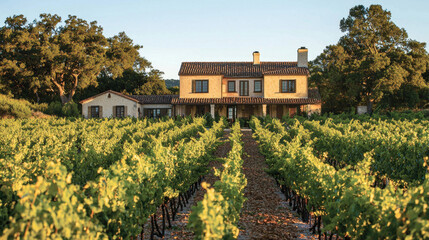 Lush green vines stretch across the vineyard, leading to a rustic style house basking in the warm light of the setting sun, surrounded by trees and peaceful scenery