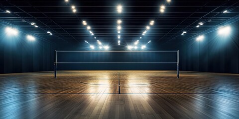 A vast, indoor gymnasium with lights and a net on the floor, a dark background