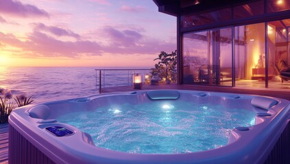 Obraz premium Sunset Hot Tub Luxury: Oceanview Relaxation
