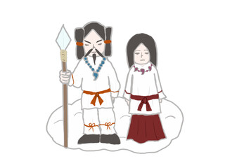 Izanami and Izanagi, the couple gods in Japanese mythology, standing together on the clouds