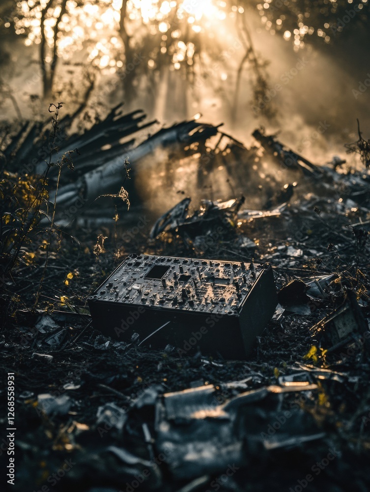 Poster black box recorder lies among scattered debris of an aircraft in a remote crash site during golden h