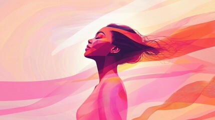 A woman with flowing hair appears in profile, surrounded by soft, swirling pastel colors. She embodies a sense of freedom and serenity against a dreamy backdrop