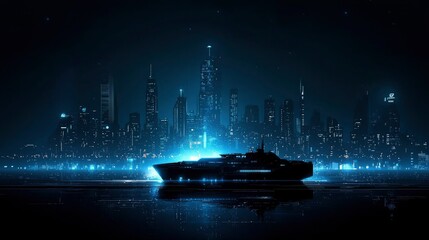 Futuristic Cityscape at Night with Modern Ship