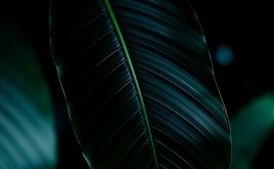 A deep jungle green leaf with dark, mysterious tones, dramatic lighting, and an intense natural texture, evoking the essence of tropical wilderness