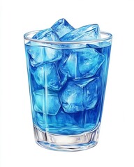 A Refreshing Glass of Blue Water with Ice Cubes Illustration featuring Cool Hues and Textures. A Refreshing Summer Drink.  An Ice Cold Beverage with  Crystalline Ice Cubes.   A  Vibrant Artistic