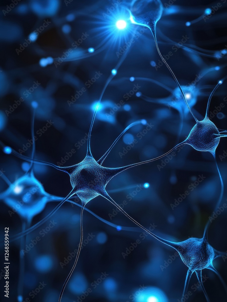 Aufkleber Close up view of interconnected neurons glowing in blue light in an abstract representation of a neural network. Generative AI