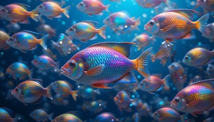 Fototapeta premium Colorful School of Fish Swimming Underwater in a Blue Marine Environment