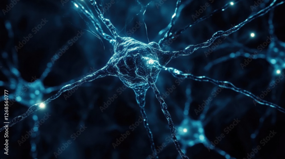 Poster studying neurons in detail through close up view of interconnected neural networks in a dark setting