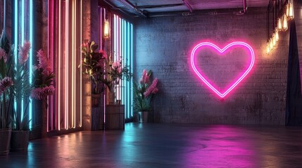 The venue features colorful neon lights, including a large heart shape, with decorative flowers in planters. The ambiance is modern and inviting, ideal for special events