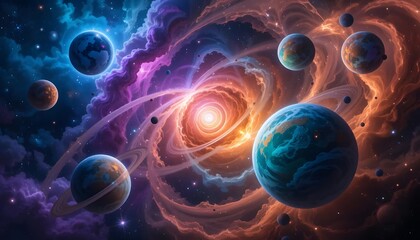 Planets Orbiting in Cosmic Nebula with Bright Central Light Source