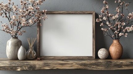 Wooden Frame with Flowers in Vases on a Rustic Shelf