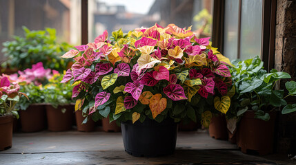 A potted plant with variegated, pink and yellow leaves