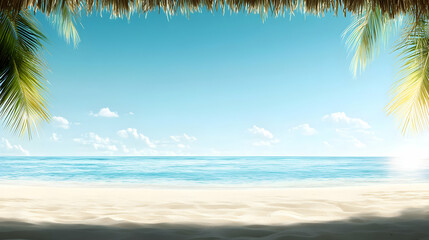 Tropical Beach Scene with Blue Ocean and Palm Trees