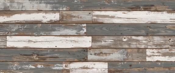 Naklejka premium rustic, weathered wood panel design. The layout consists of vertical planks with a distressed appearance, showcasing a mix of gray and white tones. The surface has a textured look, with visible grain 