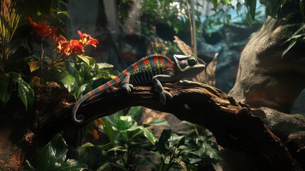 Obraz premium A Vibrant Chameleon Perched on a Branch Among Lush Greenery