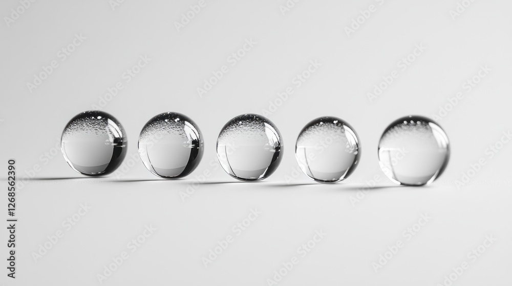 Poster delicate water droplets are lined perfectly on an elegant smooth surface, reflecting soft light and 