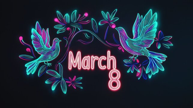 Vibrant neon colors bring to life two birds and floral elements, creatively celebrating March 8, a day dedicated to women's achievements and rights across the globe