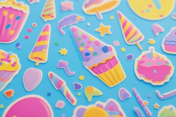 Festive stickers featuring colorful balloons, cakes, party hats, and confetti for vibrant celebrations. Generative AI