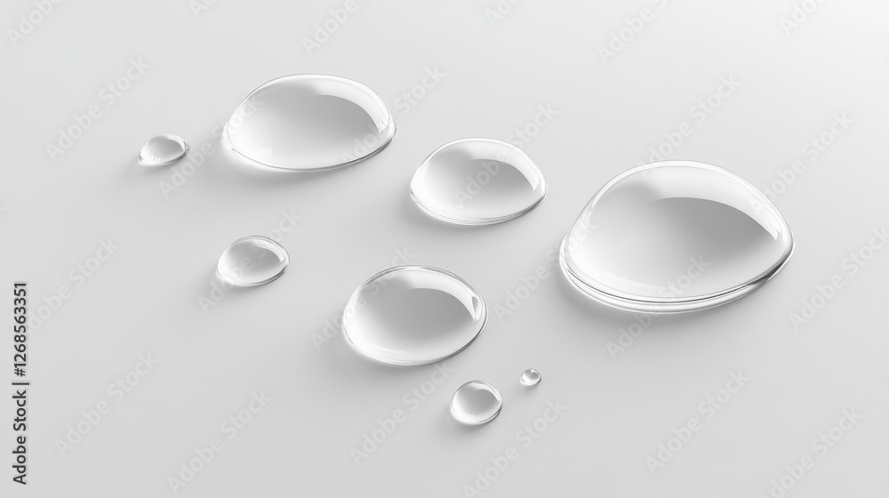 Poster delicate water droplets rest on a sleek, smooth surface, showcasing their graceful shapes and reflec