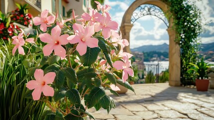 Obraz premium Italian villa patio, pink flowers, arched doorway, mountain view