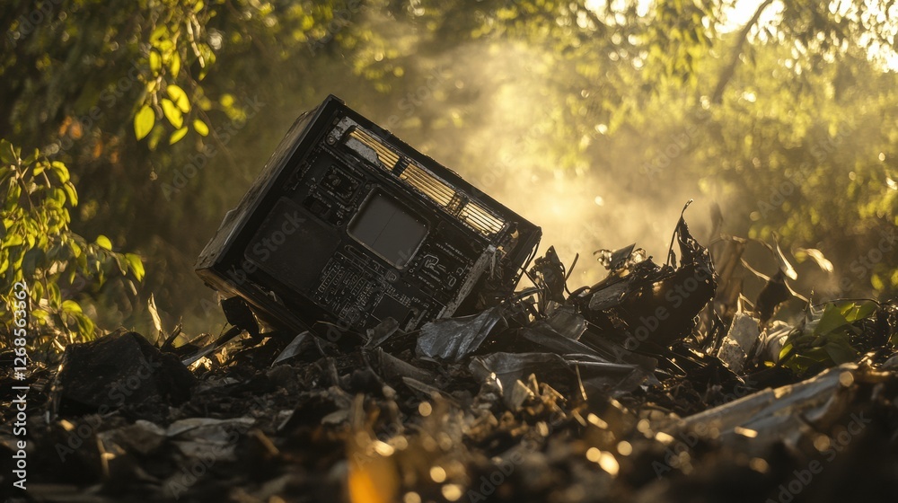 Poster black box recorder lies among airplane debris in a dense forest during the aftermath of a crash site