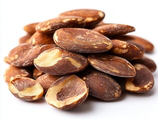 Obraz premium Close Up Of Roasted Nuts On A White Surface And Background For Eating And Nutrition Purposes As A Healthy Snack Or Diet Food Item With Rich Nutrients And Vitamins. This Image Shows An Abundance Of