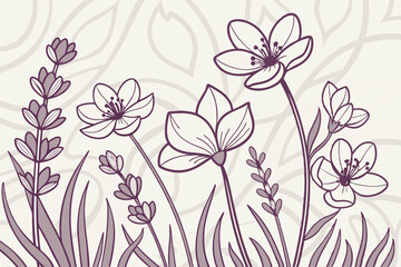 Muted lavender blooms in a repetitive pattern, with a textured background.