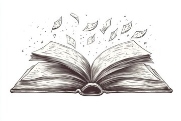 Open book, pages flying, white background, knowledge concept