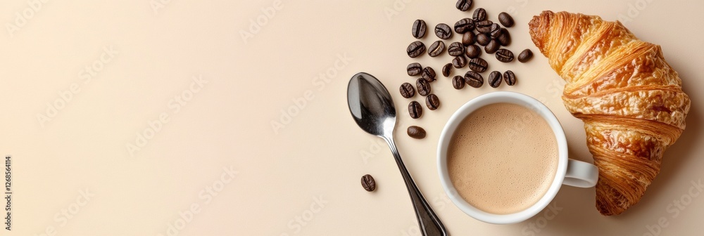 Poster Enjoying coffee and croissant together on a soft background at the morning breakfast table with gentle light illuminating the scene. Generative AI